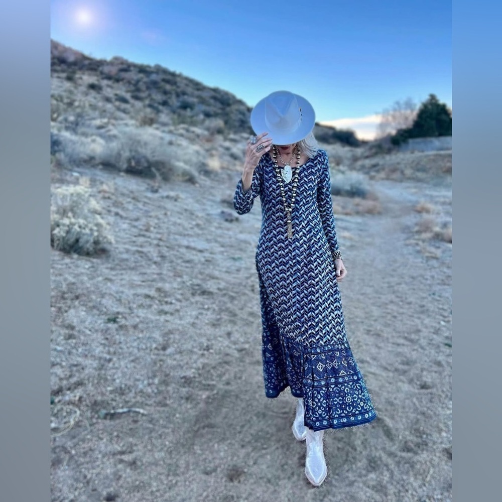 New! Pax Philomena x Anthropologie Prisma Indigo Mermaid Kaftan Maxi Dress💙Small - Picture 3 of 13